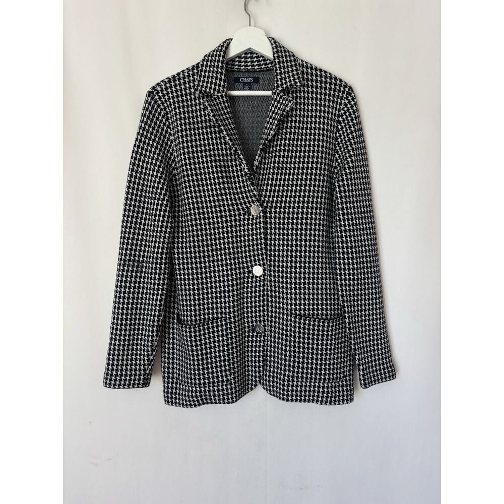 CHAPS Blazer Jacket Medium Black White Houndstooth Buttons Vneck Fitted